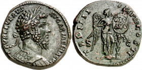 (164 d.C.). Lucio Vero. Sestercio. (Spink 5378) (Co. 250) (RIC. 1397). 25,12 g. EBC-.