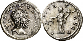 (199 d.C.). Septimio Severo. Denario. (Spink 6259) (S. 21) (RIC. 500). Bella. 3,11 g. EBC.