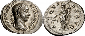 (226 d.C.). Alejandro Severo. Denario. (Spink 7856 var) (S. 9) (RIC. 127). Muy bella. 3,19 g. EBC+.