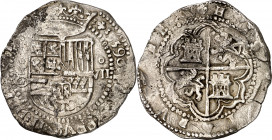 1590. Felipe II. Toledo. . 8 reales. (AC. 752.1). Fecha perfecta al inicio de la leyenda del anverso. Muy buen ejemplar. Rara y más así. 26,93 g. MBC+...