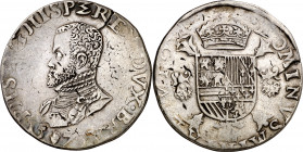 1573. Felipe II. Amberes. 1 escudo Felipe. (Vti. 1200) (Vanhoudt 296.AN). 29,39 g. MBC.
