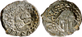 1600. Felipe III. Banyoles. 1 diner. (AC. 6) (Cru.C.G. 3661). Contramarca: cabeza de fraile, en reverso, realizada en 1605. Rara en un diner con fecha...