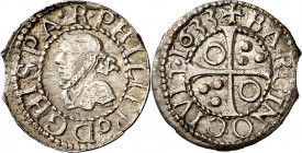 1633. Felipe IV. Barcelona. 1/2 croat. (AC. 539) (Cru.C.G. 4419). Buen ejemplar. Ex Áureo 19/12/2001, nº 586. Rara. 1,61 g. MBC+/EBC-.