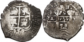 1653. Felipe IV. Potosí. E. 2 reales. (AC. 919). PH bajo corona en reverso. Doble fecha, la del anverso 653. Manchitas. Rara. 6,49 g. (MBC-).