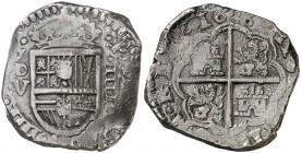 1626. Felipe IV. MD (Madrid). V. 4 reales. (AC. 1016, mismo ejemplar). Ceca horizontal. Visible el ordinal del rey. Fecha rehecha. Buen ejemplar. Ex C...