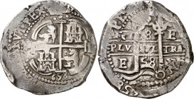 1658. Felipe IV. Potosí. E. 8 reales. (AC. 1521). Leones y castillos. Triple fecha. Rayitas en reverso. 27,95 g. MBC/MBC-.