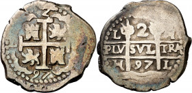 1697. Carlos II. Lima. H. 2 reales. (AC. 355). Doble fecha. 5,25 g. MBC-.