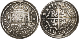 1683. Carlos II. Segovia. BR. 4 reales. (AC. 558). Acueducto de tres arcos. Leves oxidaciones. Hojita en reverso. Rara. 12,75 g. MBC.