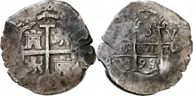 1693. Carlos II. Lima. V. 8 reales. (AC. 598). Pátina oscura. 26,63 g. MBC-.