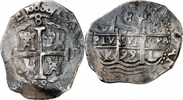 1695. Carlos II. Lima. R. 8 reales. (AC. 600). Doble fecha, una parcial. 27,31 g. MBC.