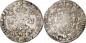 1673. Carlos II. Brujas. 1 patagón. (Vti. 435) (Vanhoudt 698.BG). 27,72 g. MBC-.