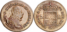 1709. Felipe V. Namur. 2 liard. (Vti. 55) (Vanhoudt 745.NA). Atractiva. Rara así. 7,64 g. MBC+/EBC-.