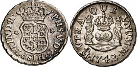 1742. Felipe V. México. M. 1/2 real. (AC. 266). Columnario. Bella. Parte de brillo original. Rara así. 1,65 g. EBC.