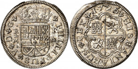 1726/1. Felipe V. Madrid. A. 1 real. (AC. 436). Leve defecto de acuñación. Muy bella. Brillo original. Rara así. 2,75 g. S/C-.