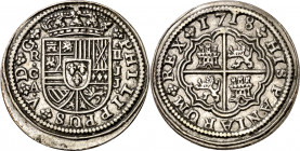 1718. Felipe V. Cuenca. JJ. 2 reales. (AC. 670). Flan grande. Escasa así. 5,29 g. MBC+.