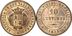 1873. Andorra. 10 céntimos. (AC. 2). Bella. Brillo original. Rara. 9,92 g. S/C.