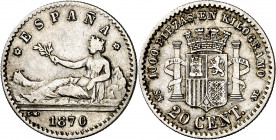 1870*70. Gobierno Provisional. SNM. 20 céntimos. (AC. 12). Rayitas. Rara. 1 g. MBC-.