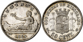 1869*69. Gobierno Provisional. SNM. 50 céntimos. (AC. 13). Leves marquitas. 2,47 g. MBC.
