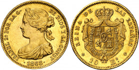 1868*1873. I República. 10 escudos. (AC. 41). A nombre de Isabel II. Leves golpecitos. Bella. 8,36 g. EBC/EBC+.
