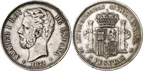 1871*1873. Amadeo I. DEM. 5 pesetas. (AC. 3). Golpecitos. Rara. 24,89 g. MBC-.
