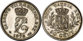 1876. Carlos VII, Pretendiente. Bruselas. 50 céntimos. (AC. 9). Bella. Rara. 2,51 g. S/C-.