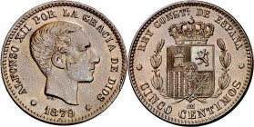 1879. Alfonso XII. Barcelona. OM. 5 céntimos. (AC. 6). Atractiva. 5,05 g. EBC.