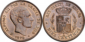 1879. Alfonso XII. Barcelona. OM. 10 céntimos. (AC. 10). Bella. Escasa así. 9,75 g. EBC+.
