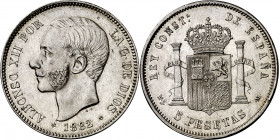 1882/1*1882. Alfonso XII. MSM. 5 pesetas. (AC. 47). Leves marquitas. Buen ejemplar. Escasa y más así. 24,94 g. MBC+/EBC-.