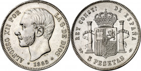 1885*1887. Alfonso XII. MPM. 5 pesetas. (AC. 63). Limpiada. Ex Áureo 27/10/2005, nº 2860. Escasa. 25,12 g. (MBC+).