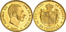 1883*1883. Alfonso XII. MSM. 25 pesetas. (AC. 87). Mínimas rayitas y golpecitos. Brillo original. Atractiva. Rara. 8,05 g. EBC.