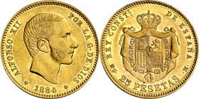 1884*1884. Alfonso XII. MSM. 25 pesetas. (AC. 89). Brillo original. Bella. Escasa. 8,06 g. EBC.