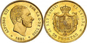 1885*1885. Alfonso XII. MSM. 25 pesetas. (AC. 90). Bella. Brillo original. Rara y más así. 8,07 g. EBC+.