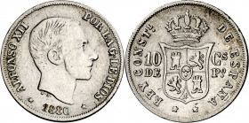 1880. Alfonso XII. Manila. 10 centavos. (AC. 92). Golpecitos. Rara. 2,56 g. BC+/MBC-.