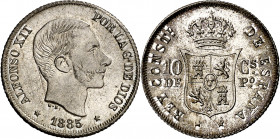 1885. Alfonso XII. Manila. 10 centavos. (AC. 102). Rayitas de acuñación. Muy bella. Pleno brillo original. 2,55 g. (S/C-).
