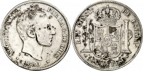 1880. Alfonso XII. Manila. 50 centavos. (AC. 112). En canto: LEY-PATRIA-REY. Manchitas. Escasa. 12,62 g. BC+.
