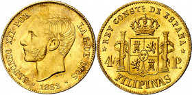 1882. Alfonso XII. Manila. 4 pesos. (AC. 127). Bella. Brillo original. Rara así. 6,76 g. S/C-.