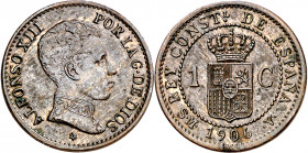 1906*6. Alfonso XIII. SMV. 1 céntimo. (AC. 1). Sombras. Rara. 1,03 g. EBC.