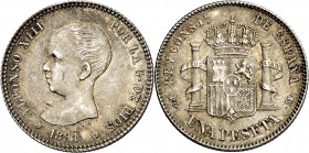 1891*1891. Alfonso XIII. PGM. 1 peseta. (AC. 53). Dos rayitas. Preciosa pátina. Escasa así. 5,01 g. EBC-/MBC+.