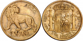 1930. Alfonso XIII. 1 peseta. (AC. falta) (AC.pdf. 81.1). Prueba no adoptada en cobre. Leves manchitas. Rarísima. 4,77 g. S/C-.