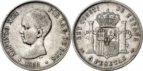 1888*--88. Alfonso XIII. MSM. 5 pesetas. (AC. 89). Rayitas. Rara. 24,99 g. MBC-.