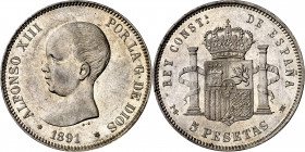 1891*1891. Alfonso XIII. PGM. 5 pesetas. (AC. 98). Mínimas marquitas. Atractiva. Brillo original. 24,95 g. EBC-/EBC.