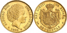 1892*1892. Alfonso XIII. PGM. 20 pesetas. (AC. 115). Tipo "bucles". Leves marquitas. Bella. Brillo original. Rara y más así. 6,44 g. EBC/EBC+.