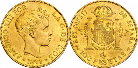 1897*1897. Alfonso XIII. SGV. 100 pesetas. (AC. 119). Rayitas. 32,23 g. MBC+.