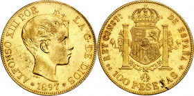 1897*1897. Alfonso XIII. SGV. 100 pesetas. (AC. 119). Hojita en reverso. Leves marquitas. Parte de brillo original. Rara. 32,17 g. EBC-.