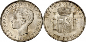 1897. Alfonso XIII. Manila. SGV. 1 peso. (AC. 122). Leves marquitas. Buen ejemplar. Parte de brillo original. Escasa así. 24,88 g. EBC-.