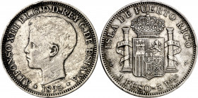1895. Alfonso XIII. Puerto Rico. PGV. 1 peso. (AC. 128). Golpecitos. Rara. 24,90 g. MBC.