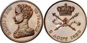 Francia. 1830. Enrique V, Pretendiente. Medalla de Proclamación. Módulo 5 francos. (Gadoury 649). Bella. Bronce. 21,23 g. Ø38 mm. S/C-.