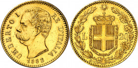 Italia. 1882. Humberto I. R (Roma). 20 liras. (Fr. 21) (Kr. 21). Golpecitos. AU. 6,43 g. EBC-.