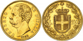 Italia. 1883. Humberto I. R (Roma). 100 liras. (Fr. 18) (Kr. 22). Leves golpecitos. Rara. AU. 32,21 g. EBC.