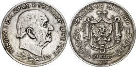 Montenegro. 1912. Nicolás I. 5 perpera. (Kr. 15). Rayitas y golpecitos. Escasa. AG. 23,99 g. MBC.